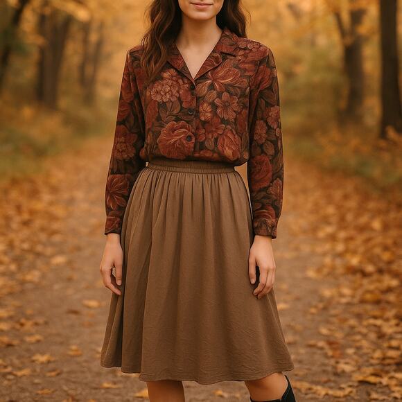 90s Vintage Fall Floral Top Shaket by Bon Worth Brown Black and Tan Size M - Picture 1 of 14